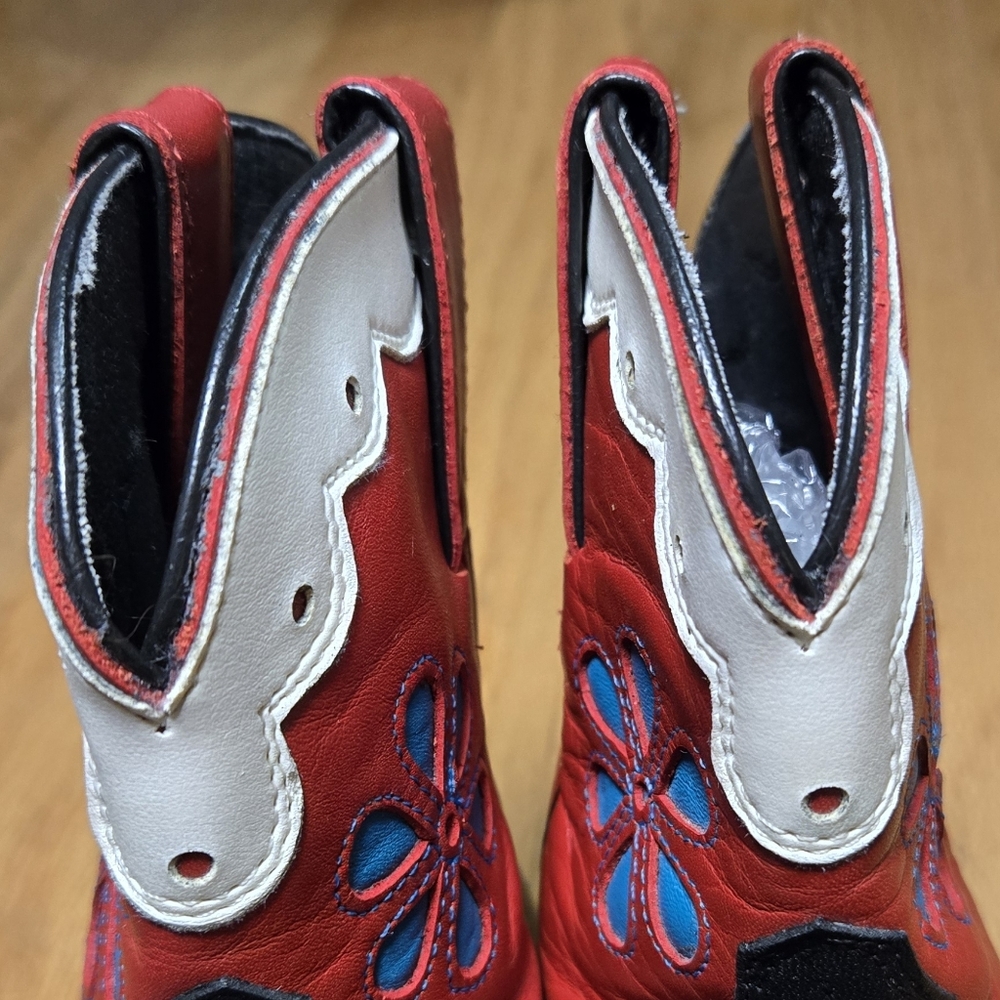Vintage Tony Lama Black Red White Blue Flower Western Leather Boots Size 7 - Picture 12 of 16